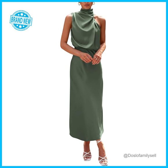 Elegant Satin Maxi Dress Mock Neck Sleeveless Cocktail Party Formal Wear